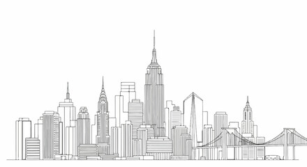 Fototapeta premium Stylized line drawing of a city skyline featuring iconic skyscrapers and bridges