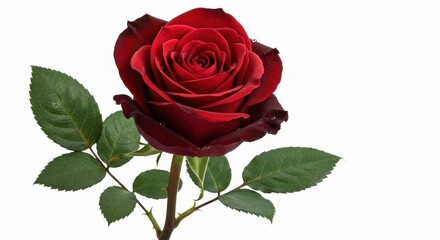 Close up view of a single vibrant red rose with green leaves isolated on a clean white background