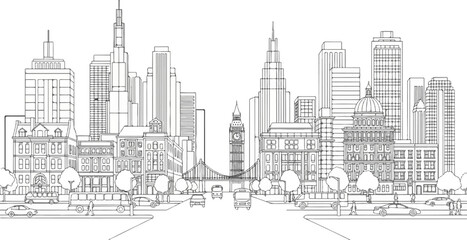 Fototapeta premium Stylized line drawing of a bustling city street with diverse architecture and vehicles