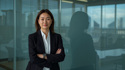 Fototapeta premium 日本人三十代女性が黒ジャケットで腕組み、朝の会議室ガラス壁に映える