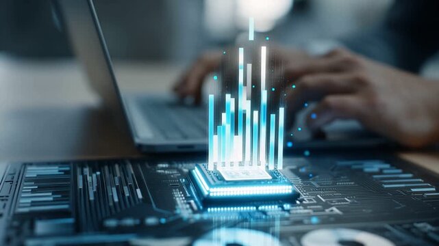 A professional working on a laptop, analyzing data with virtual charts. The image captures the essence of modern technology and data-driven decision-making processes.