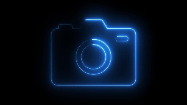 Neon camera icon isolated and film themes. Social media video camera icon for app. Glowing camera frame pictogram photograph animated.