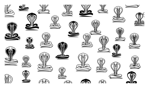 King cobra snake silhouettes and line art icons set for wildlife logos and designs
