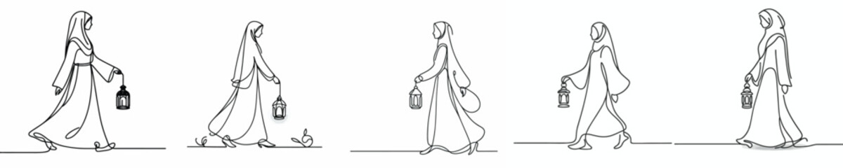 line art of a Muslim woman walking carrying a Ramadan lantern