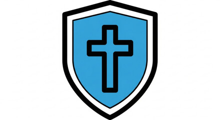 Obraz premium Blue shield icon with black cross symbol on white background protection and faith concept