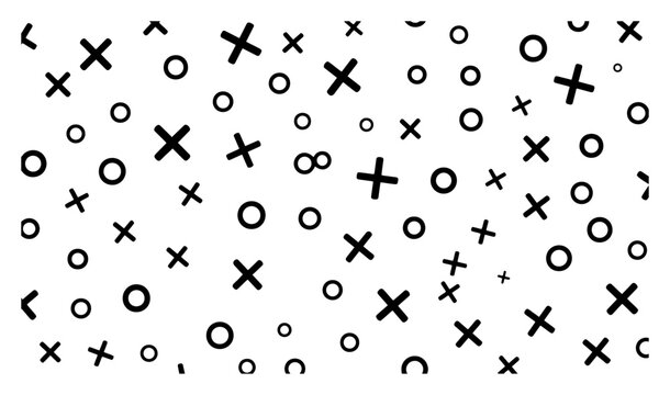 Minimalist seamless pattern with black geometric crosses and circles on white background