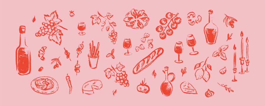Set of hand drawn chalk crayon sketch Italian, French, Greek wine and food elements. Bachelorette party, wedding, girly birthday pencil drawing background. Cheese and wine coquette night