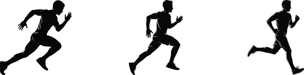 Three black silhouettes of men running in different poses on a white background