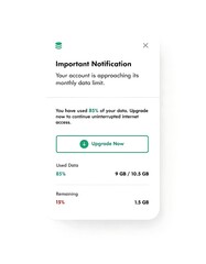 Mobile data usage notification with upgrade button