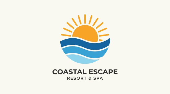 This tranquil logo features a rising sun over waves, representing relaxation and serenity, ideal for a coastal resort and spa experience, promoting wellness and escape.