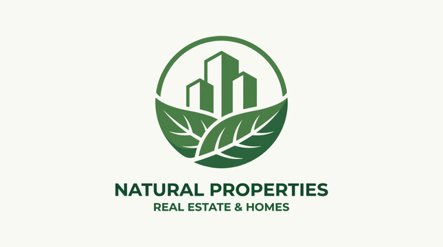 This eco-friendly logo displays urban buildings amidst leaves, representing the integration of nature and real estate, ideal for sustainable housing and property development businesses.
