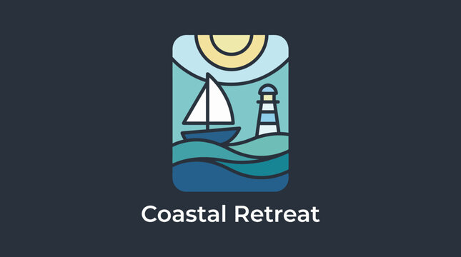This image highlights a logo depicting a sailboat, waves, and a lighthouse under a sun, evoking coastal charm, ideal for marine or leisure business branding.