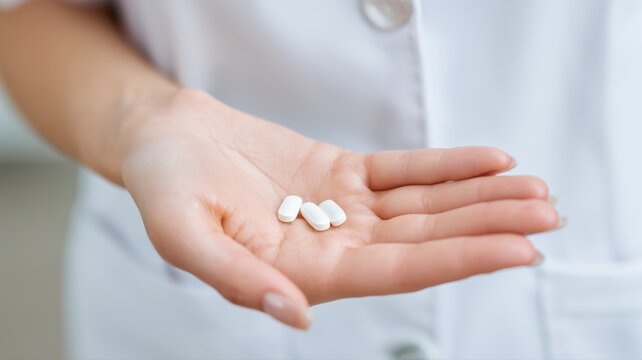 Close-up of a hand holding white paracetamol tablets, highlighting modern healthcare, medication, and professional medical care concepts