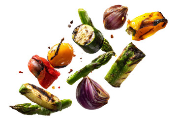 Naklejka na ściany i meble Flying grilled vegetables with asparagus zucchini bell pepper and red onion isolated on transparent background