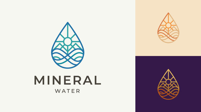 This artistic logo features a drop shape embellished with waves and sun, symbolizing purity and relaxation, perfectly tailored for a mineral water brand.