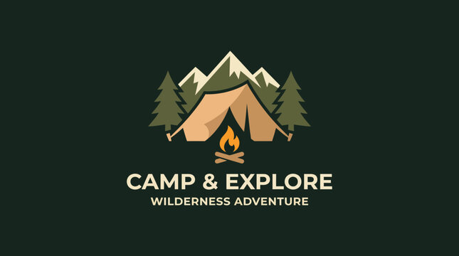 This logo conveys the spirit of camping and exploration, featuring a tent, fire, and towering trees, making it ideal for adventure tourism or outdoor event planning.