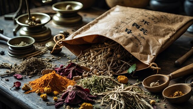Spilled Herbal Medicine from Paper Bag with Scales and Weights on Rustic Table