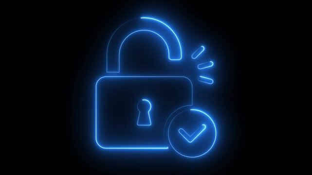 Glowing neon cracked unlock icon and background. Lock sign symbol. Lock animation, cyber lock icon and unlock animation.