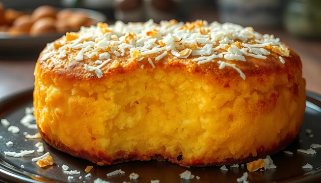 Golden-brown bibingka, steaming, freshly baked, coconut flakes topping, asian food, traditional
