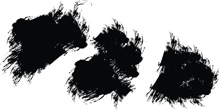 Three large textured black ink brush strokes with rough edges on a stark white canvas