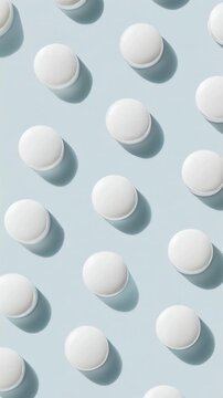 Minimalist composition of white paracetamol tablets arranged in a geometric pattern on a light blue background, ideal for modern healthcare and pharmaceutical concepts