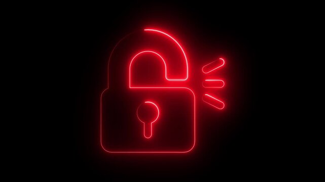 Glowing neon line Broken or cracked lock icon isolated on black background. Unlock sign. 4K Video motion graphic animation