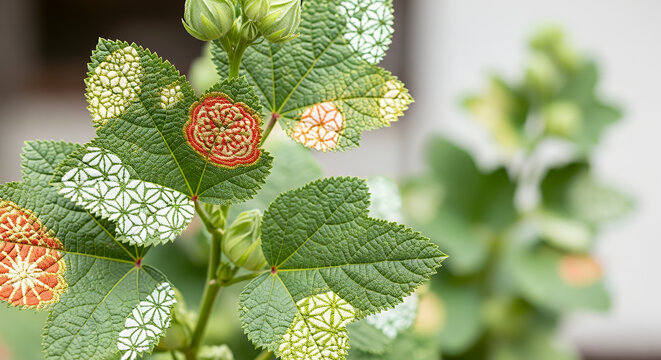 Vibrant Close-up of Aoi Matsuri Hollyhock Leaves Featuring Rich Traditional Japanese Fabric Textures and Cultural Significance