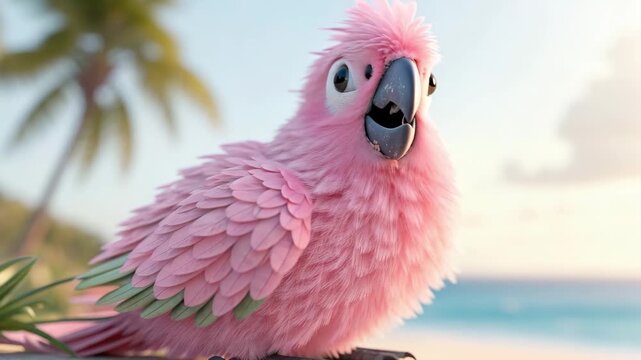 Cute Pink Parrot Talking on Tropical Beach with Palm Trees Close Up Stock Footage