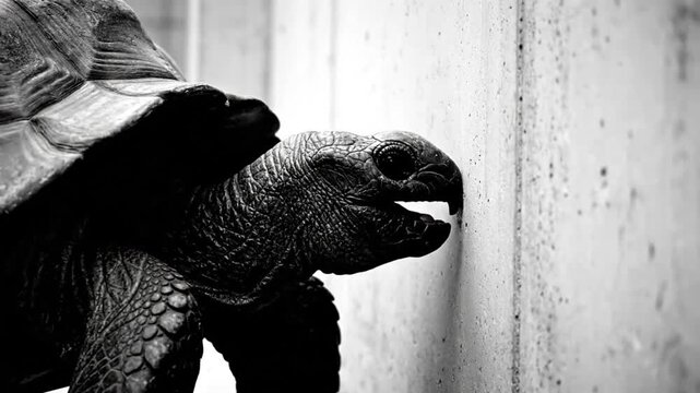 Black and white close up of a tortoise with its head pressed against a textured wall, concept.