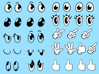 Fototapeta premium Collection of cartoon eyes hands and facial expression elements