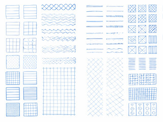 Collection of hand drawn blue line patterns and geometric shapes on white © Chapala