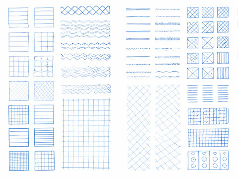 Collection of hand drawn blue line patterns and geometric shapes on white