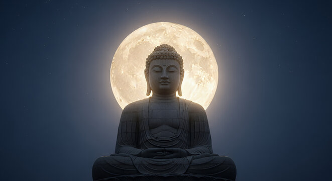 Majestic Buddha Purnima Full Moon ascends over a serene seated Buddha statue, casting a peaceful glow upon the night sky.