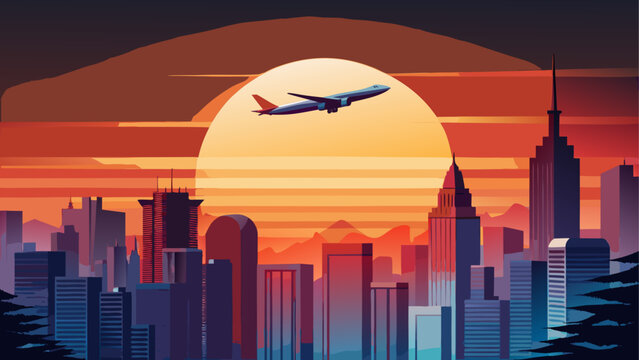 Airplane flying over a city at sunset time
