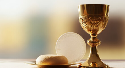 Golden Chalice and Bread, Symbolic Close-Up of Eucharist for Corpus Christi Celebration