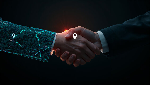 都市図と発光ピンがつながる握手、経路が示す地域連携