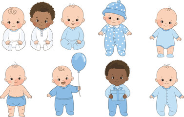 Fototapeta premium Cute Diverse Baby Boys Collection Cartoon Illustration Newborn Infants Different Skin Tones Poses Blue Outfits Balloon