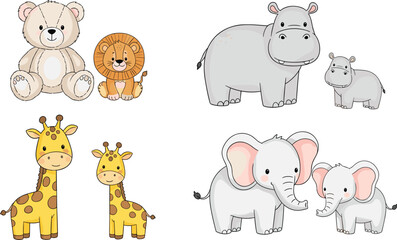 Obraz premium Cute watercolor baby safari animals teddy bear lion hippo giraffe elephant with babies adorable nursery illustration collection