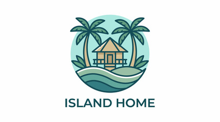 This image features a minimalist design of a cozy island home, nestled among gentle ocean waves and palm trees, conveying simplicity and peaceful living in nature.