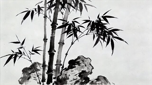 Black and white ink painting of bamboo