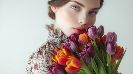 Fototapeta premium A beautiful young woman holding a vibrant bouquet of colorful tulips in front of a plain white background