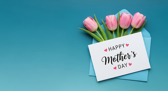 Pink tulips and heartfelt greeting card express beautiful wishes for happy mother's day celebration