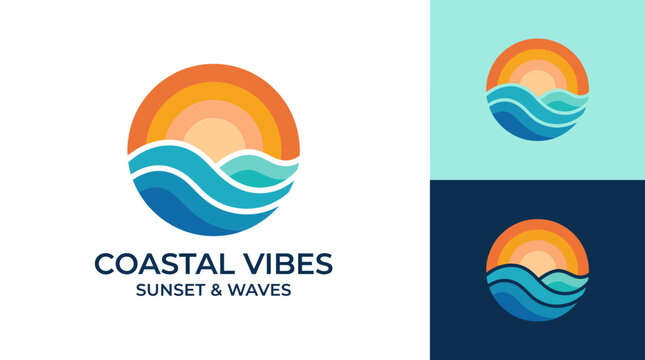 A bright logo featuring a sunset over waves reflects the coastal vibe, perfect for businesses connected to nature, summer activities, or travel.