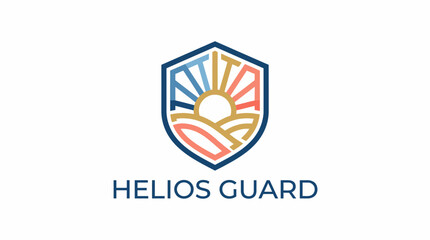 Obraz premium An emblematic logo portraying a shield with a rising sun and landscape, representing protection, optimism, and security within a harmonious design.