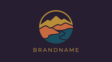 This logo showcases a stylized landscape with mountains and a winding river, evoking feelings of adventure and the beauty of nature, perfect for outdoor brands.
