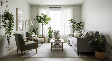 Bright and Serene Modern Living Room with Biophilic Design, Featuring a Grey Sofa, Sage Green Armchairs, and Abundant Indoor Plants Bathed in Natural Light.