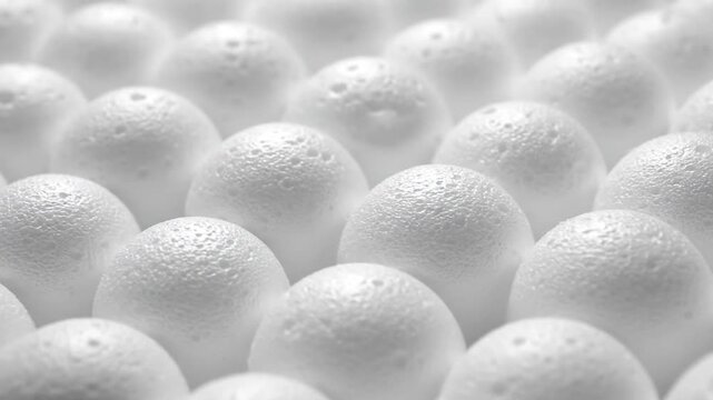 Abstract background of white styrofoam balls in a grid pattern, close-up macro shot