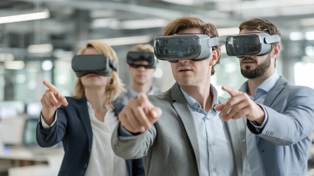 Virtual Reality Exploration: A group of professionals immersed in a virtual environment, pointing with focused expressions, showcasing the future of immersive technology and innovation.