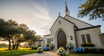 Quiet Corpus Christi Church Exterior Adorned with Elegant Floral Decorations, Capturing Serenity and Architectural Beauty.