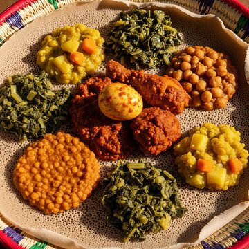 Traditional Ethiopian and Eritrean Injera Platter with Various Wots and Stews.
